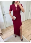 Yakalı Fitilli Kısa kollu Uzun Triko Elbise - Bordo