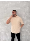 Yakalı Patlı Kısa Kol T-shirt - Bej