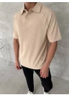 Yakalı Patlı Kısa Kol T-shirt - Bej