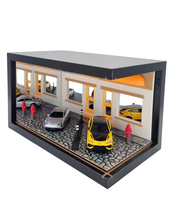 Golden District Supercar Showroom Ahşap Işıklı Diorama Vitrin | Porsche Taycan & Lamborghini Urus