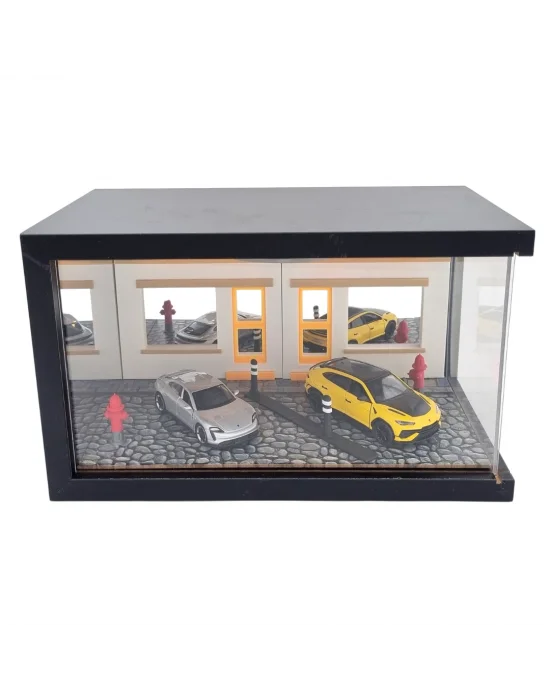 Golden District Supercar Showroom Ahşap Işıklı Diorama Vitrin | Porsche Taycan & Lamborghini Urus