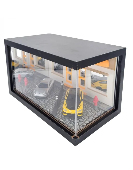 Golden District Supercar Showroom Ahşap Işıklı Diorama Vitrin | Porsche Taycan & Lamborghini Urus