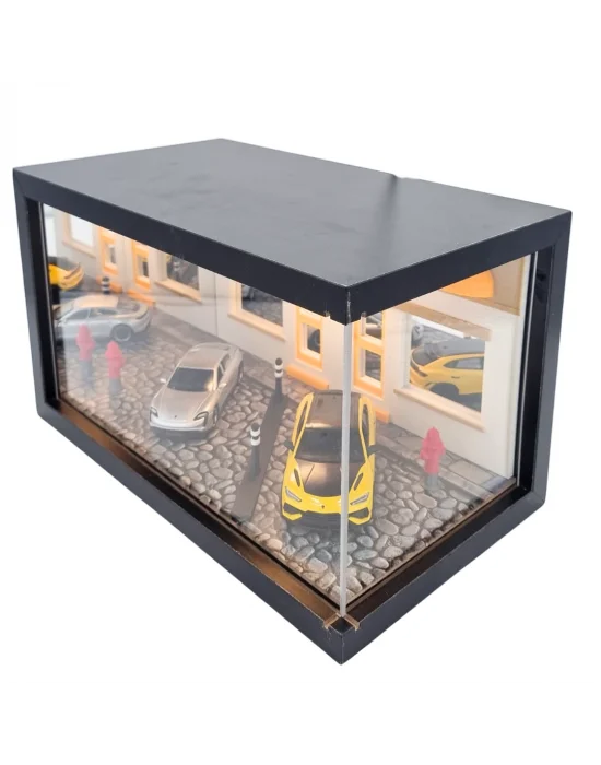 Golden District Supercar Showroom Ahşap Işıklı Diorama Vitrin | Porsche Taycan & Lamborghini Urus