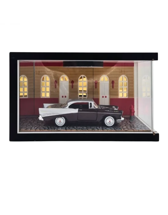 Ember Street Işıklı Ahşap Diorama Vitrin | Retro Klasik 1:24 Chevy Bel Air 1950