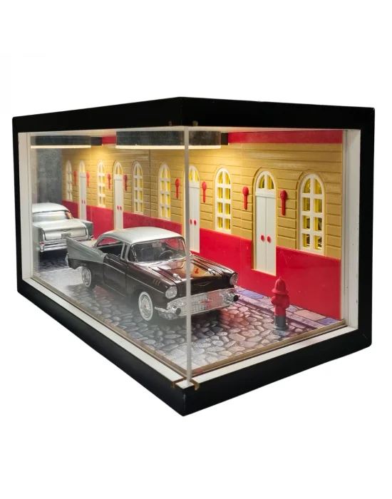 Ember Street Işıklı Ahşap Diorama Vitrin | Retro Klasik 1:24 Chevy Bel Air 1950