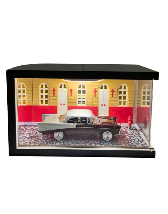 Ember Street Işıklı Ahşap Diorama Vitrin | Retro Klasik 1:24 Chevy Bel Air 1950