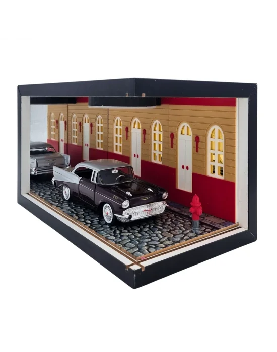 Ember Street Işıklı Ahşap Diorama Vitrin | Retro Klasik 1:24 Chevy Bel Air 1950