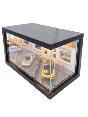 Golden District Supercar Showroom Ahşap Işıklı Diorama Vitrin | Porsche Taycan & Lamborghini Urus