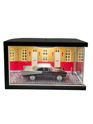 Ember Street Işıklı Ahşap Diorama Vitrin | Retro Klasik 1:24 Chevy Bel Air 1950
