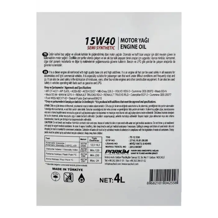 15w40 4Lt Semi Synthetic Motor Yağı Engine oil