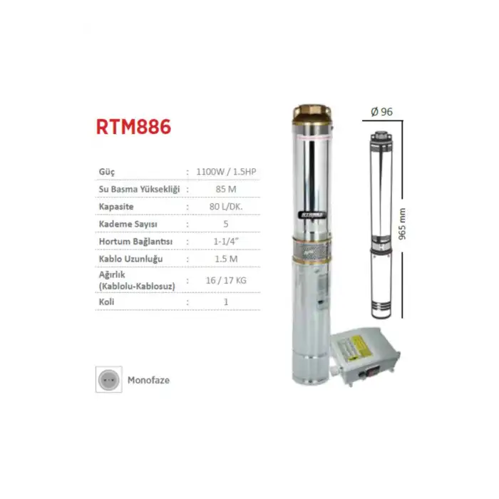 Rtrmax Rtm886 Derin Kuyu Dalgıç Pompa Monofaze 1.5hp - 1100w