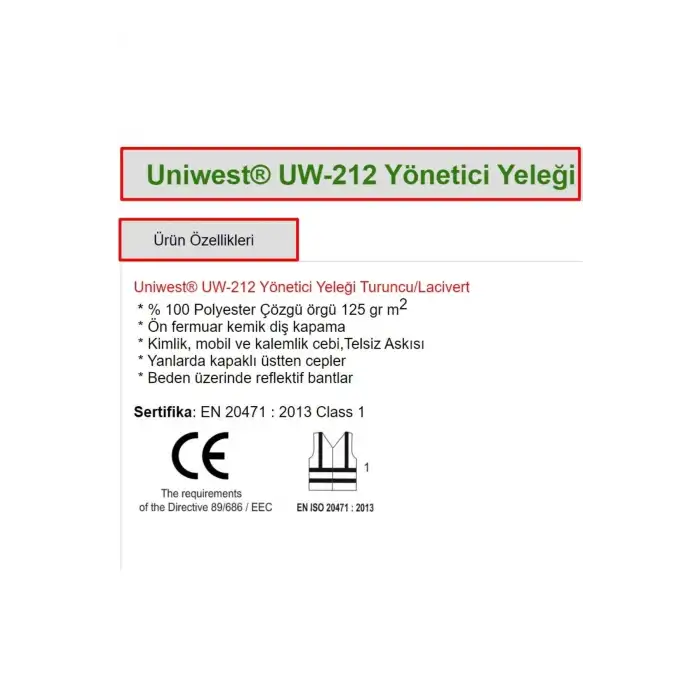 Uniwest ® Uw-212 Yönetici Ikaz Yeleği
