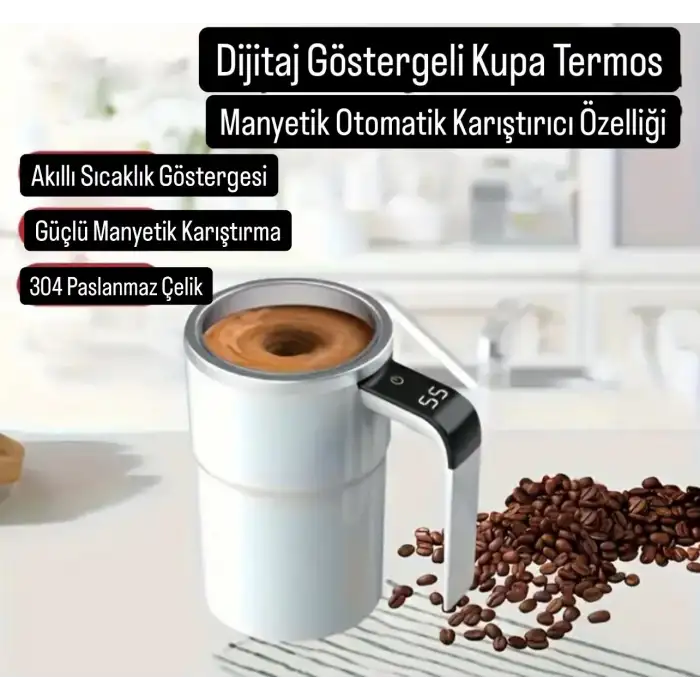 Otomatik Karıştırıcı Kupa Termos Bardak Dijital Sıcaklık Göstergeli Şarjlı