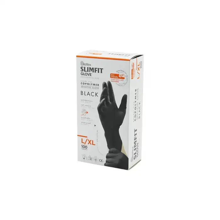 Reflex Slimfit Glove L-XL Siyah Pudrasız Muayene Eldiven 100lü