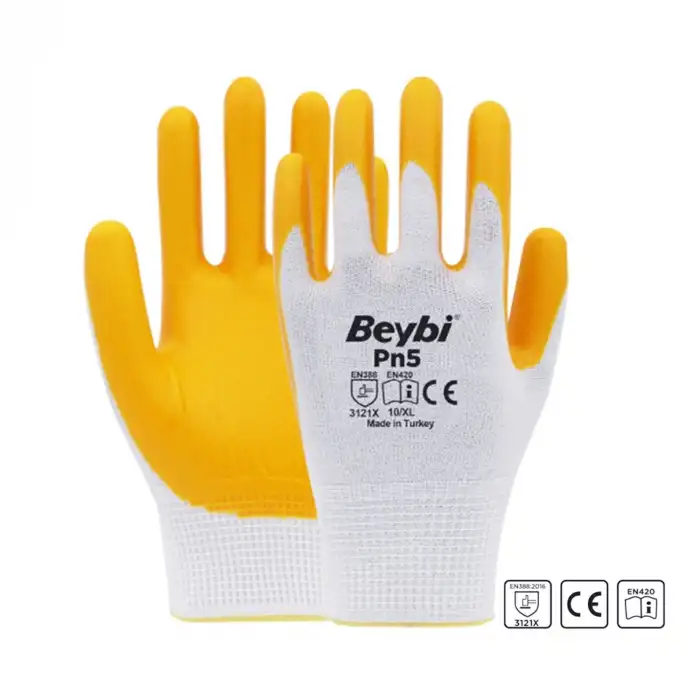 Beybi Nitril PMK PN5 Beyaz Sarı Örme Polyoster Nitril 10 Beden 12li Paket EN388 (3121X)