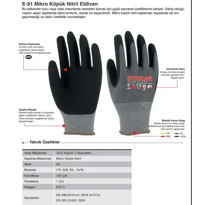 Starline E-91 Mikro Köpük Nitril Eldiven 12li Paket
