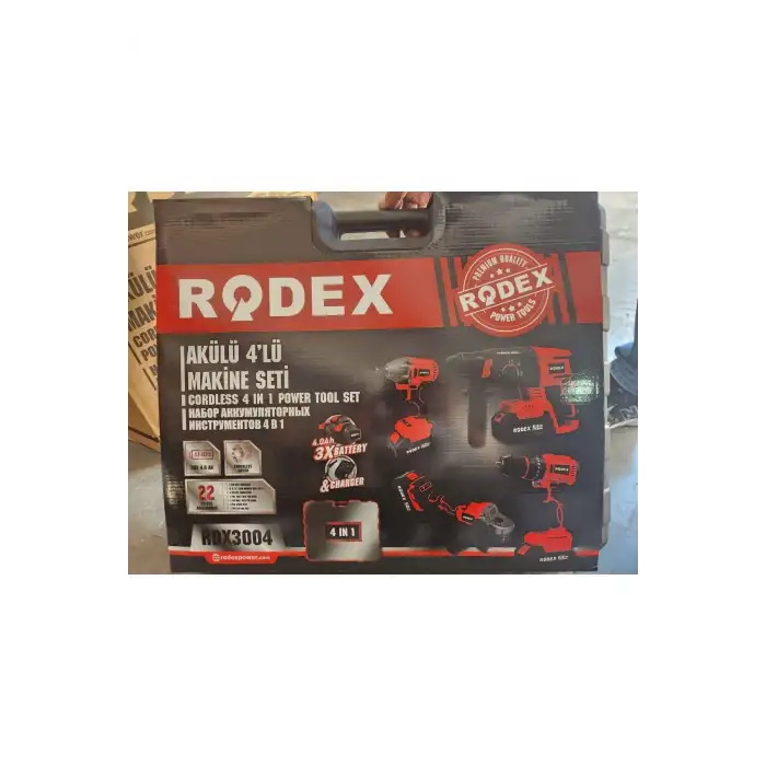 Rodex 4lü Makine Seti 20V 3x4.0Ah Li-Ion D.Matkap 45Nm D.Somun Sıkma 300Nm Kırıcı Delici 2.5J Avuç Taşlama 125Mm AksesuarlI BMC