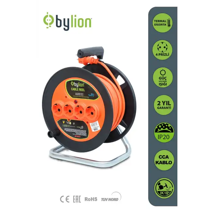 Bylıon Makaralı Uzatma Kablosu 3*1.5mm² 20 Mt. Turuncu Kablo - Işıklı