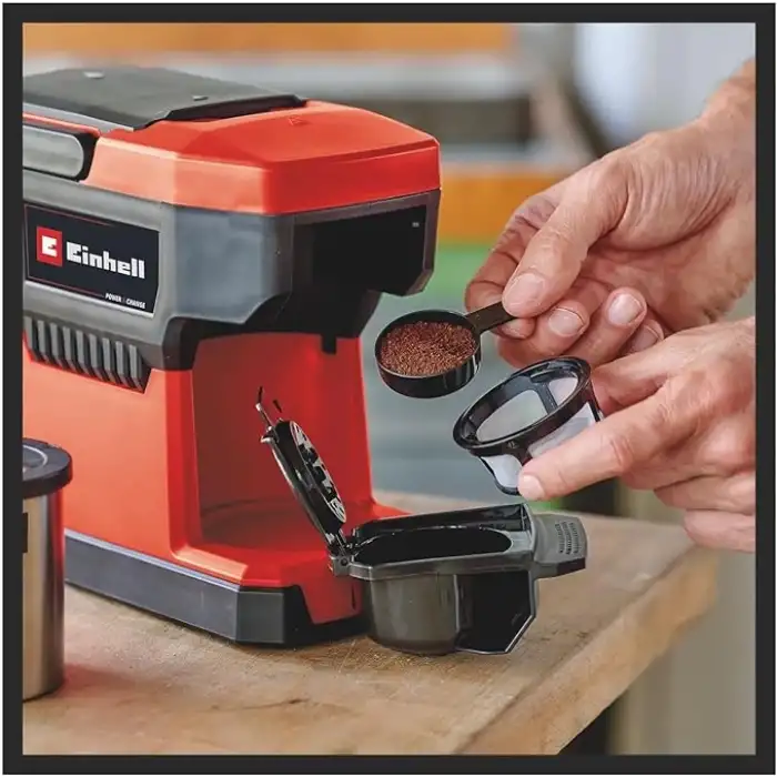 Einhell TE-CF 18 Li-Solo Power X-Change akülü kahve makinesi (18 V, 240 ml su kabı, filtre kahve ve kahve pedleri için, taşıma sapı, kapaklı kahve fincanı dahil, pilsiz)