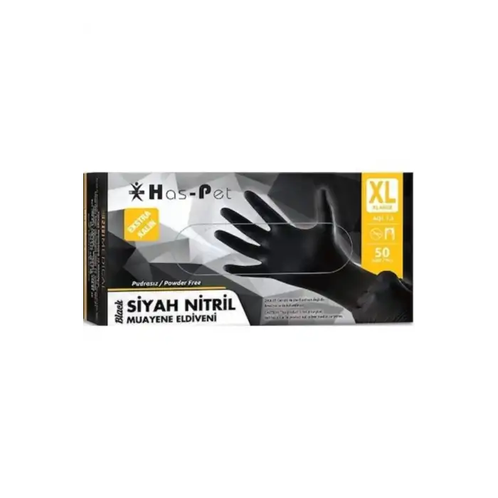 Haspet Ekstra Kalın Siyah Nitril Pudrasız Muayene Eldiveni Xlarge 50li