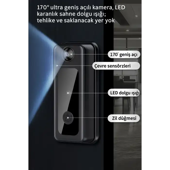 Görüntülü HD Kapı Zili İki Yönlü Sesli Gece Görüşlü Kablosuz ve Kayıt Alma Şarjlı