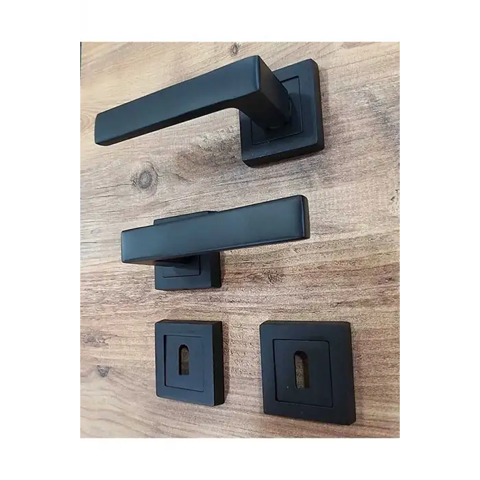 Lama Kare Rozetli Mat Siyah Oda Kapı Kolu / 1 Takım (2 ADET-ÖN VE ARKA)