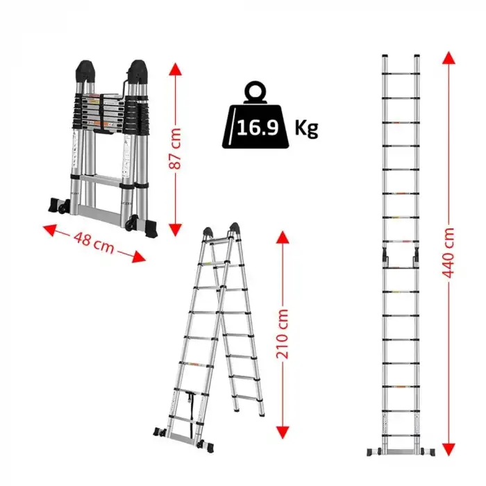 Master Paslanmaz Çelik A Tipi Teleskopik Merdiven 7+7 (14 Basamak) 4.4 Metre 504335