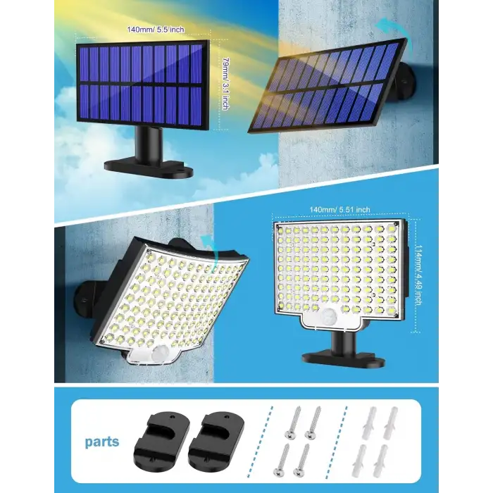 MPJ Dış mekan için solar lamba, 106 LED solar lamba, dış mekan, hareket sensörlü, IP65 su geçirmez, 120° aydınlatma açısı, bahçe için solar duvar lambası, 5 m kablolu
