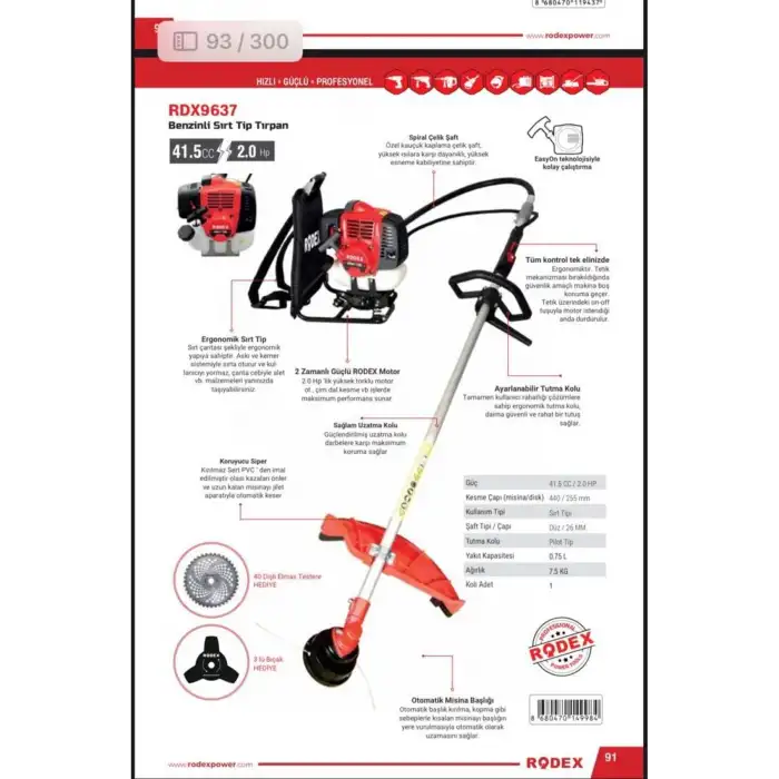Rodex RDX 9637 Benzinli Sırt Tırpanı 41.5CC/2HP