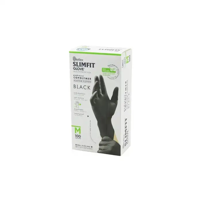 Reflex Slimfit Glove M Siyah Pudrasız Muayene Eldiven 100lü