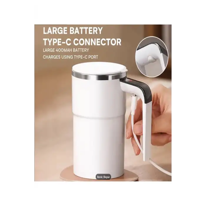 Şarj Edilebilir Kendi Kendine Karıştırabilen Kahve Kupası Sıcaklık Göstergeli - USB Şarj