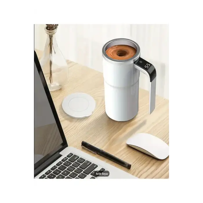 Şarj Edilebilir Kendi Kendine Karıştırabilen Kahve Kupası Sıcaklık Göstergeli - USB Şarj