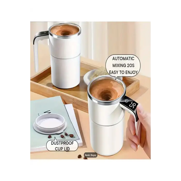 Şarj Edilebilir Kendi Kendine Karıştırabilen Kahve Kupası Sıcaklık Göstergeli - USB Şarj