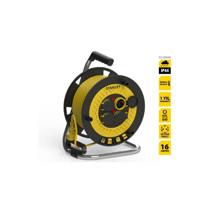Stanley Profesyonel Makaralı Kauçuk Kablo Termikli Ip44 , 4 Kapaklı Soketli 25 Metre 3x2,5mm