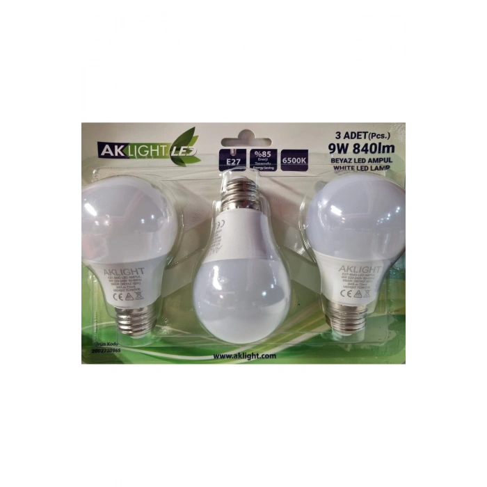 Aklight LED 9W/6500K 840lm E27 BEYAZ IŞIK 3LÜ PAKT