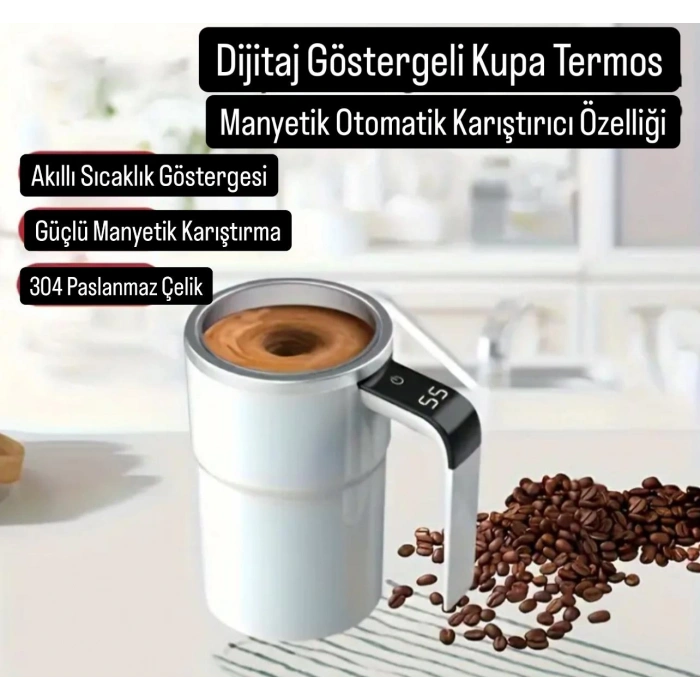Otomatik Karıştırıcı Kupa Termos Bardak Dijital Sıcaklık Göstergeli Şarjlı