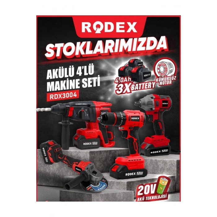 Rodex 4lü Makine Seti 20V 3x4.0Ah Li-Ion D.Matkap 45Nm D.Somun Sıkma 300Nm Kırıcı Delici 2.5J Avuç Taşlama 125Mm AksesuarlI BMC