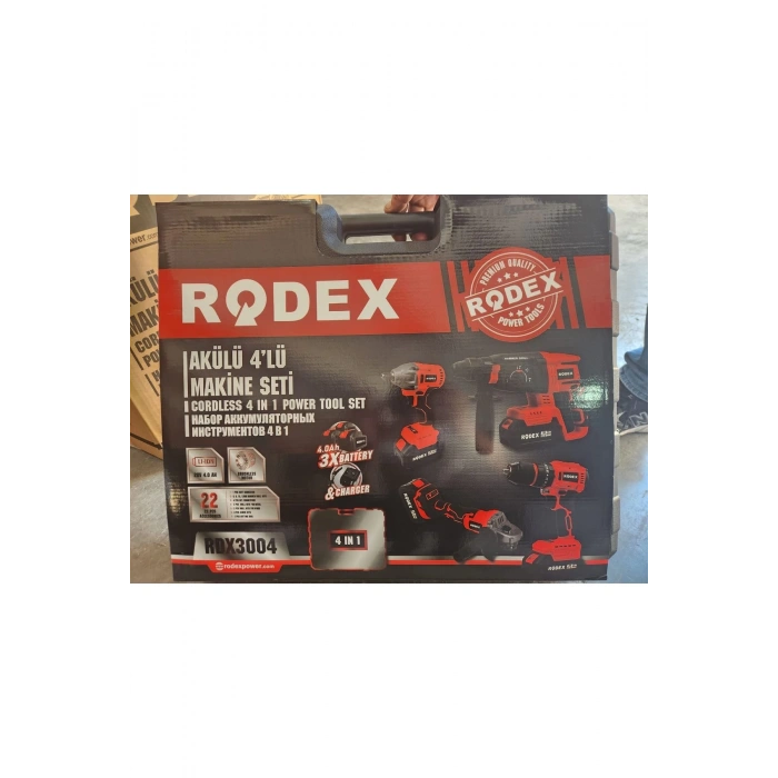 Rodex 4lü Makine Seti 20V 3x4.0Ah Li-Ion D.Matkap 45Nm D.Somun Sıkma 300Nm Kırıcı Delici 2.5J Avuç Taşlama 125Mm AksesuarlI BMC