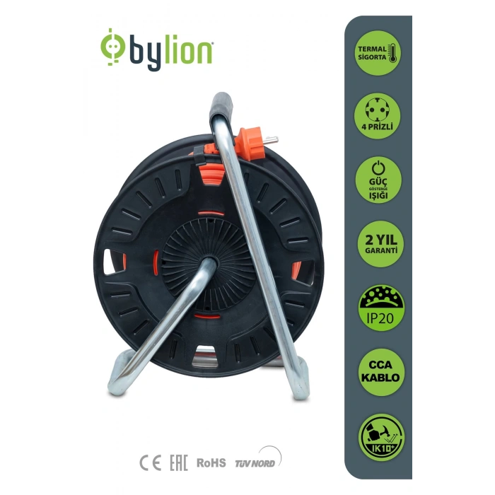 Bylıon Makaralı Uzatma Kablosu 3*1.5mm² 20 Mt. Turuncu Kablo - Işıklı