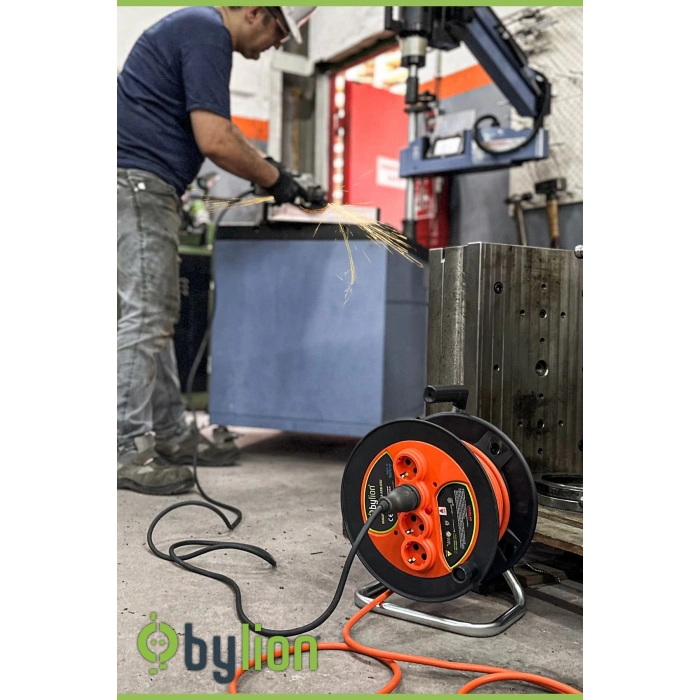 Bylıon Makaralı Uzatma Kablosu 3*1.5mm² 20 Mt. Turuncu Kablo - Işıklı