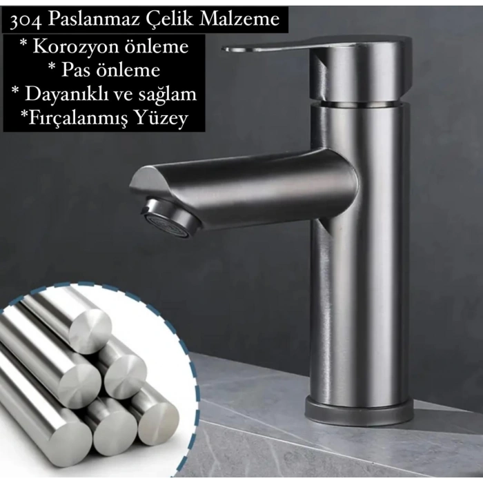 Ev Banyo Lavabo Batarya Paslanmaz Çelik Tek Kollu Sıcak Soğuk Ayarlı Modern