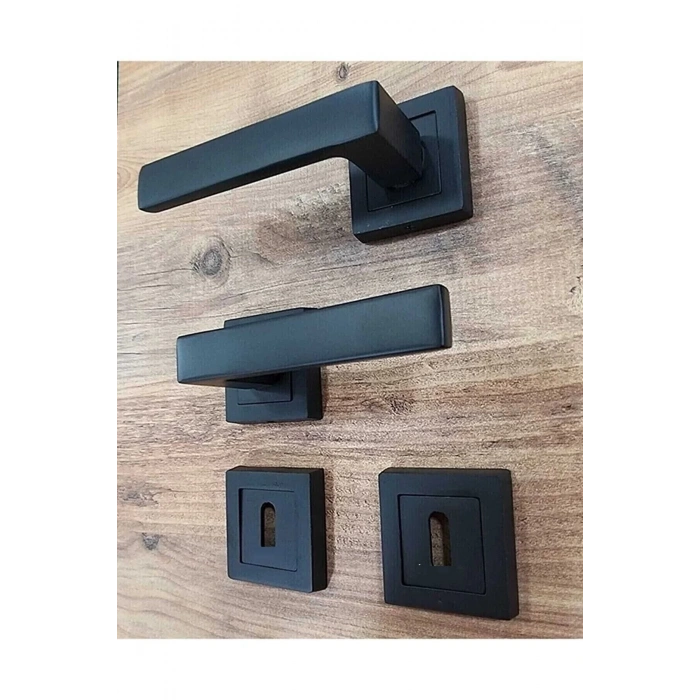 Lama Kare Rozetli Mat Siyah Oda Kapı Kolu / 1 Takım (2 ADET-ÖN VE ARKA)