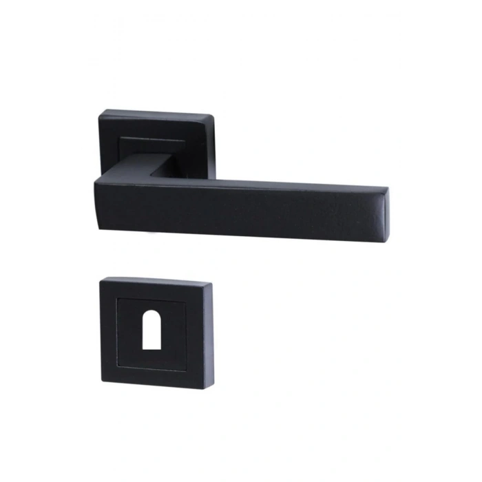 Lama Kare Rozetli Mat Siyah Oda Kapı Kolu / 1 Takım (2 ADET-ÖN VE ARKA)