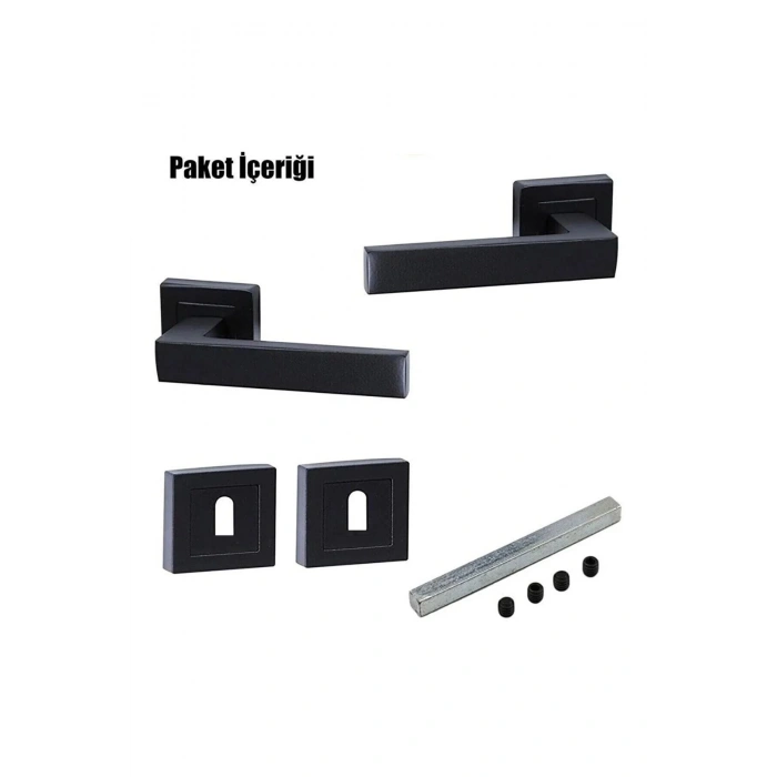 Lama Kare Rozetli Mat Siyah Oda Kapı Kolu / 1 Takım (2 ADET-ÖN VE ARKA)