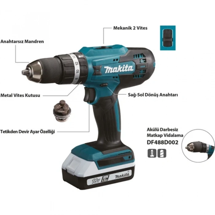 Makita Df488d002 Darbesiz Matkap Vidalama 18v 1,5ah Çift Akülü
