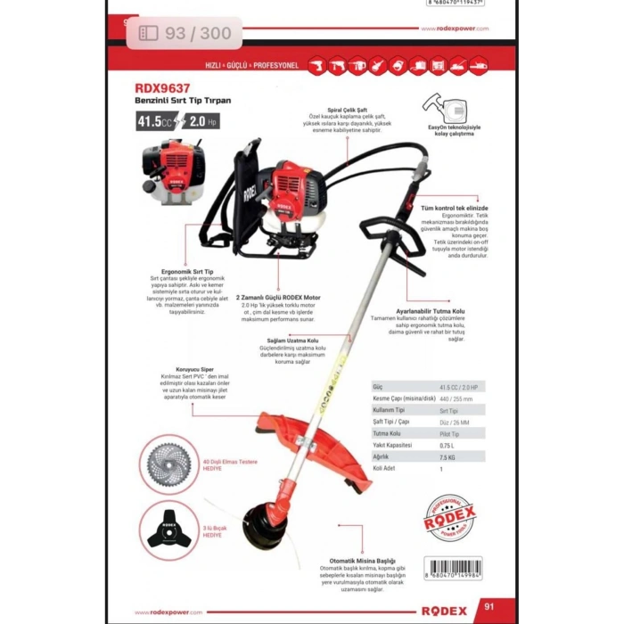 Rodex RDX 9637 Benzinli Sırt Tırpanı 41.5CC/2HP