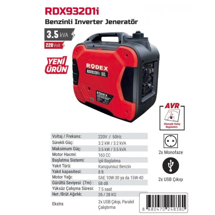 Rodex RDX93201İ Benzinli İnverter Jeneratör 3.5 kVA