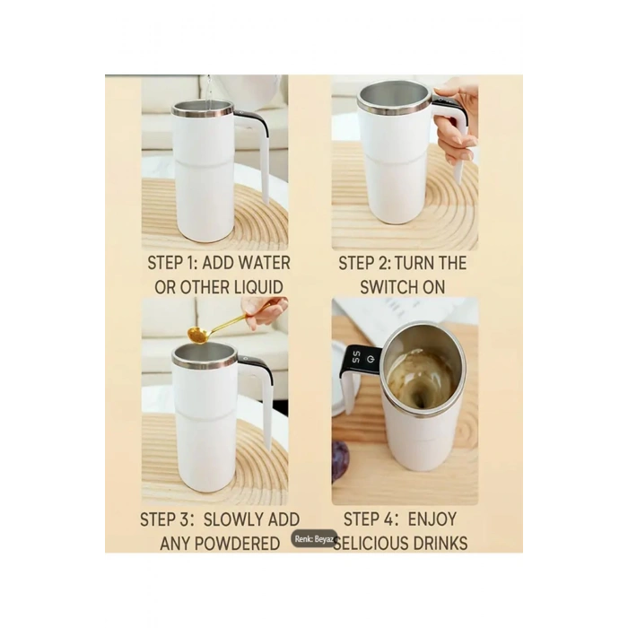 Şarj Edilebilir Kendi Kendine Karıştırabilen Kahve Kupası Sıcaklık Göstergeli - USB Şarj