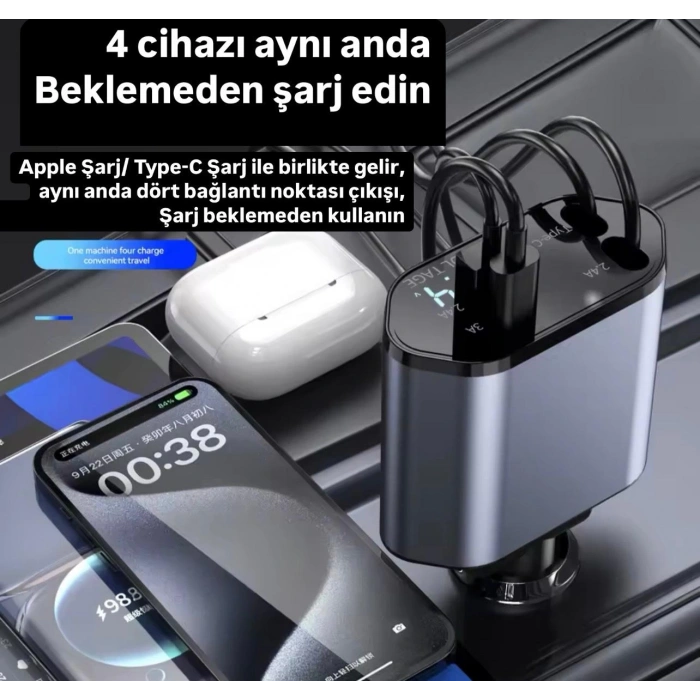 USB C TypeC Apple Araç Şarj Aleti,4ü 1 Arada Hızlı Şarj Araç Güç Adaptörü | 66W Araç USB Şarj CihazıOff-Road Araçlar, Arabalar için Çakmak Şarj Cihazı