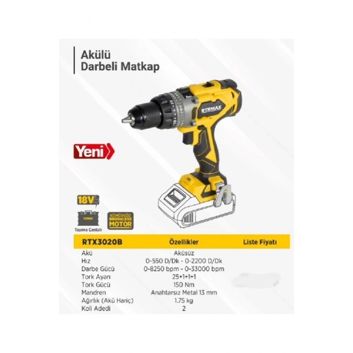 Rtrmax X-LION RTX3020B Akülü Darbeli Matkap Kömürsüz 150Nm - Akü ve şarj hariç